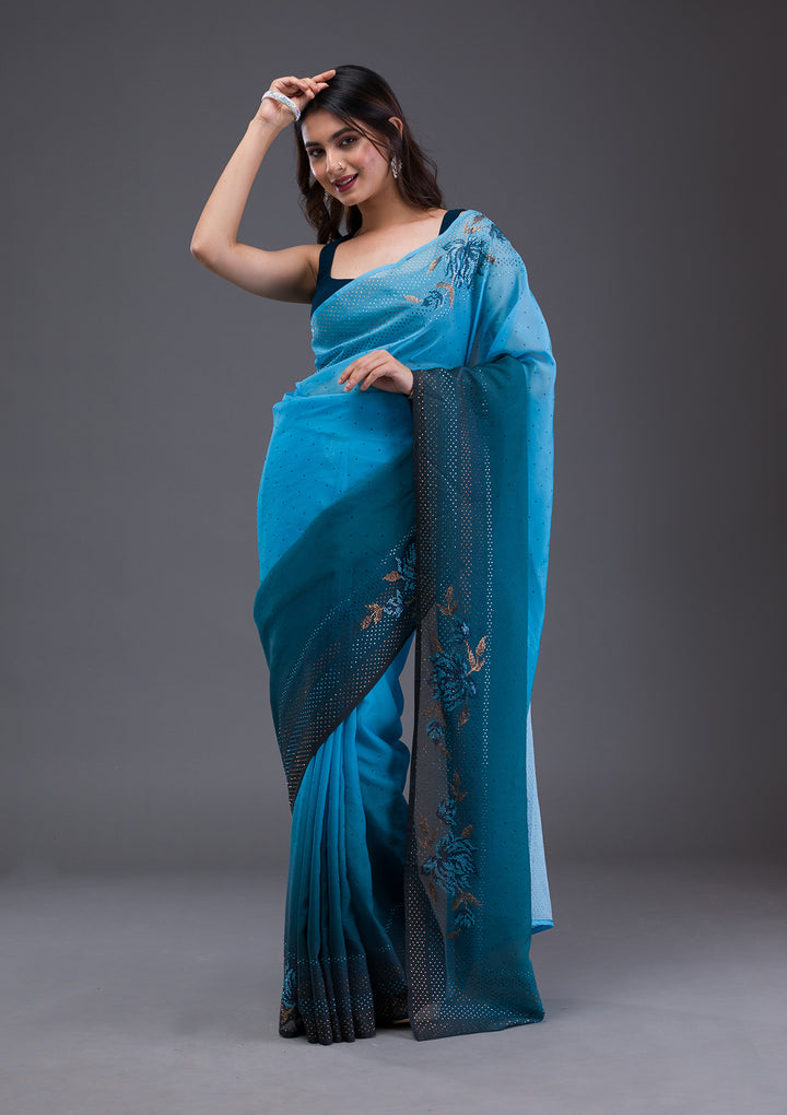 Turquoise Blue Swarovski Satin Saree