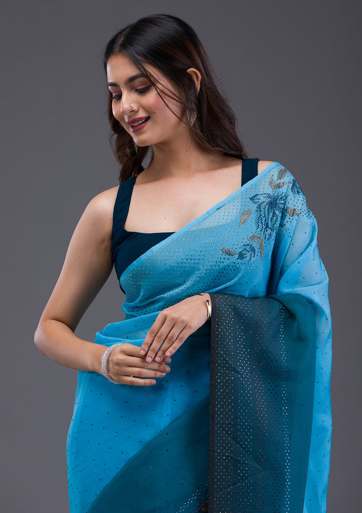Turquoise Blue Swarovski Satin Saree