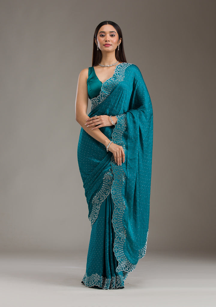 Turquoise Blue Swarovski Satin Saree