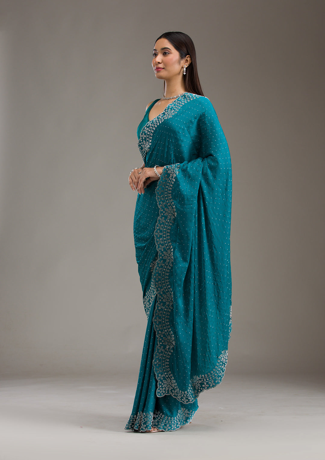 Turquoise Blue Swarovski Satin Saree