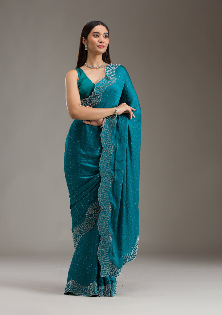 Turquoise Blue Swarovski Satin Saree