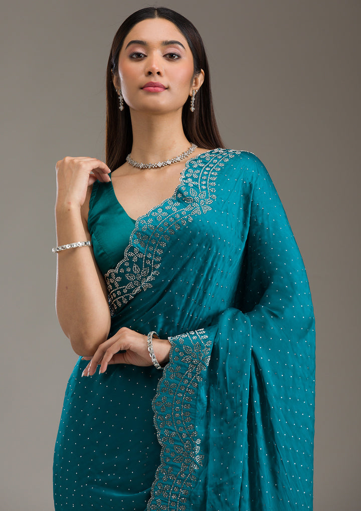 Turquoise Blue Swarovski Satin Saree