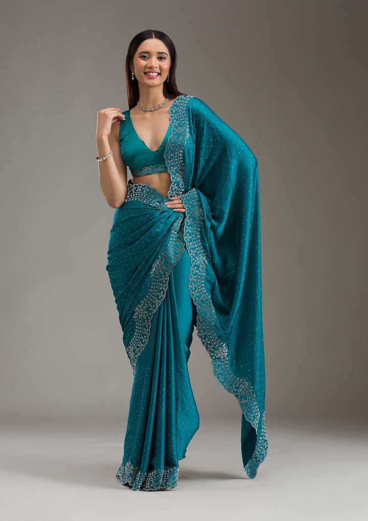 Turquoise Blue Swarovski Satin Saree