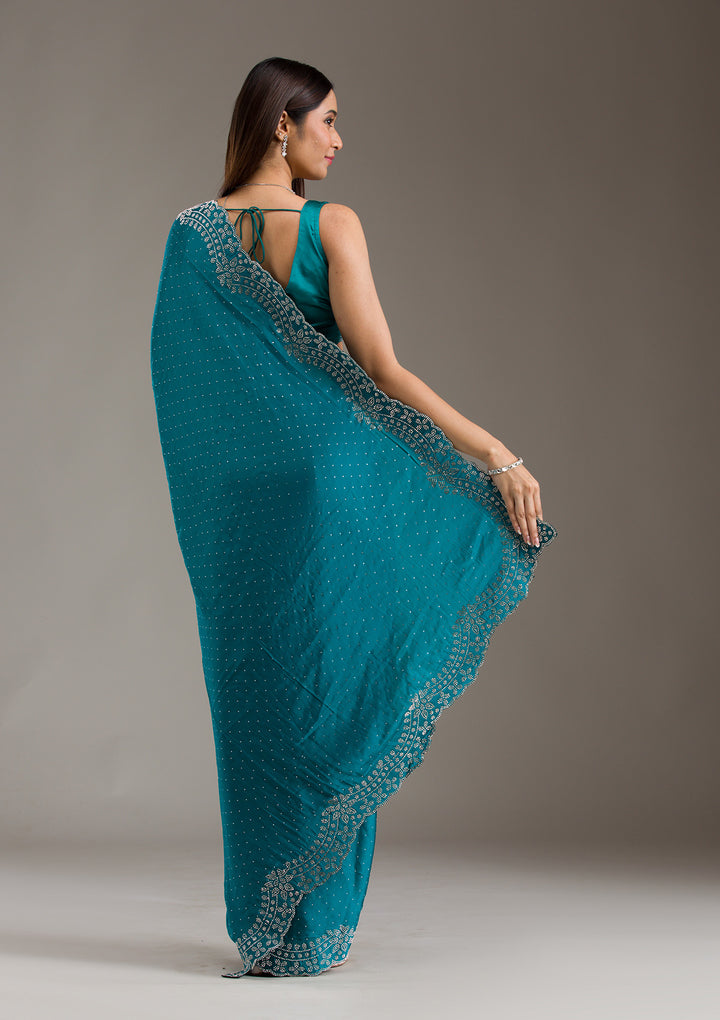 Turquoise Blue Swarovski Satin Saree