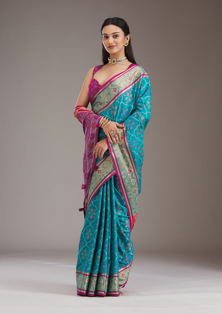 Turquoise Blue Threadwork Art Silk Saree