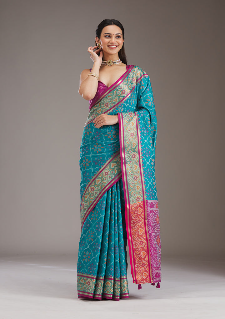 Turquoise Blue Threadwork Art Silk Saree