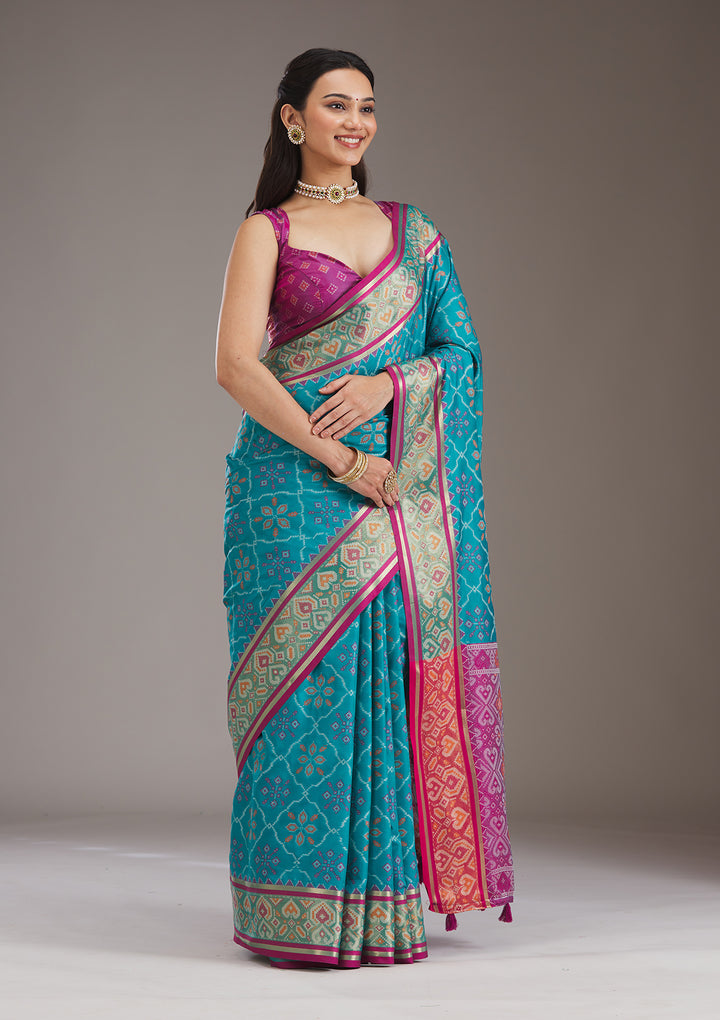 Turquoise Blue Threadwork Art Silk Saree
