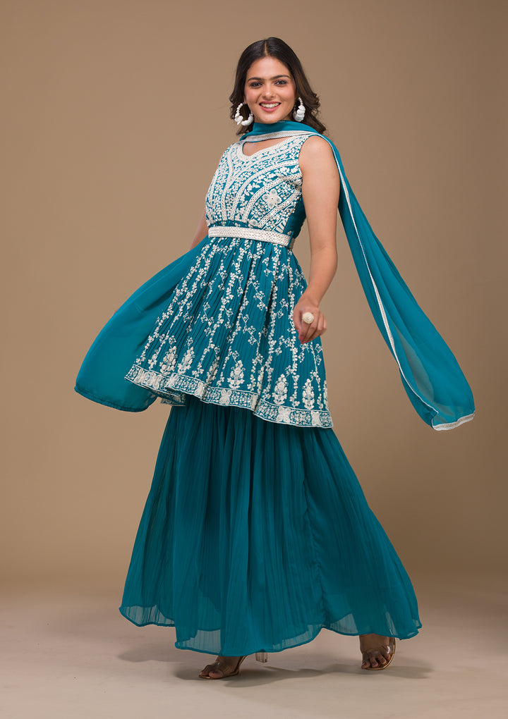 Turquoise Blue Threadwork Georgette Readymade Salwar Suit-Koskii