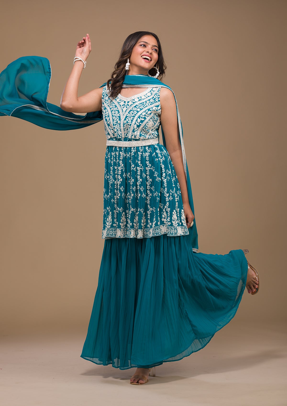 Turquoise Blue Threadwork Georgette Readymade Salwar Suit-Koskii