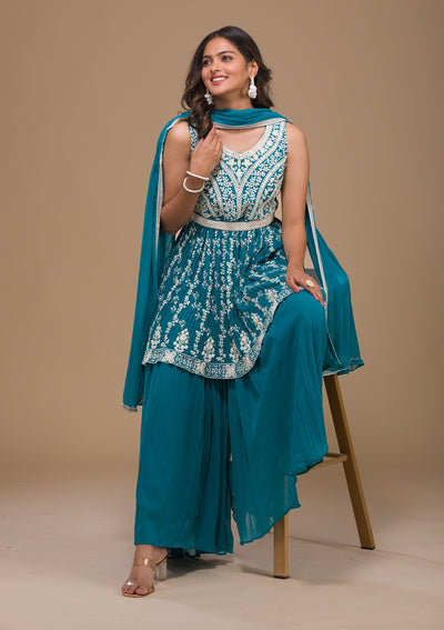 Turquoise Blue Threadwork Georgette Readymade Salwar Suit-Koskii