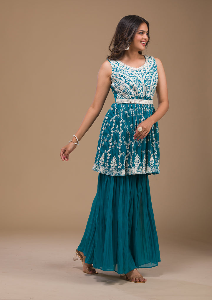 Turquoise Blue Threadwork Georgette Readymade Salwar Suit-Koskii