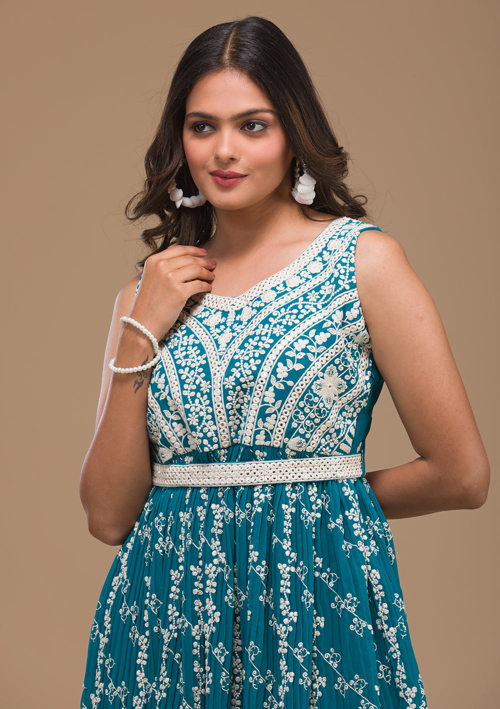 Turquoise Blue Threadwork Georgette Readymade Salwar Suit-Koskii