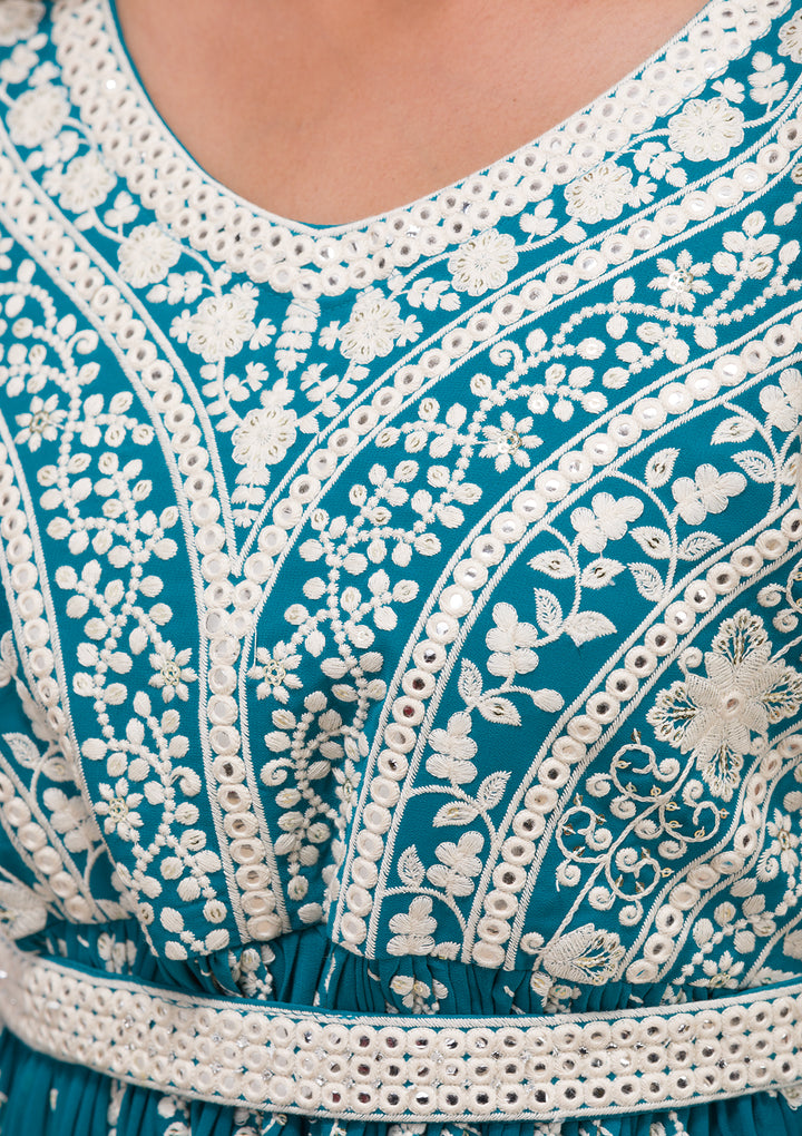 Turquoise Blue Threadwork Georgette Readymade Salwar Suit-Koskii