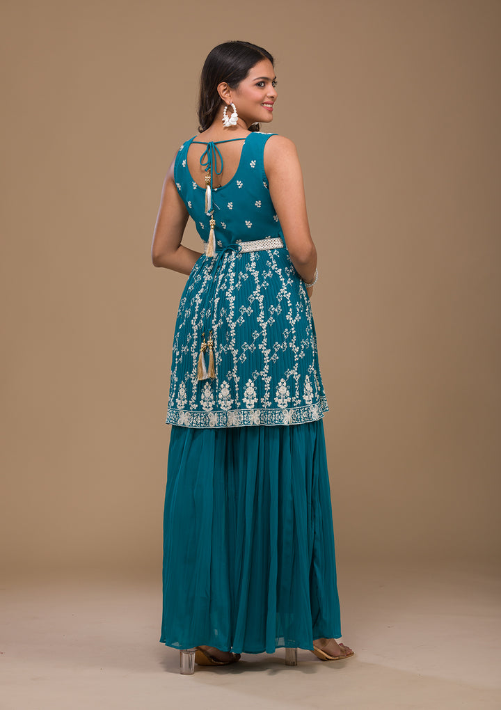 Turquoise Blue Threadwork Georgette Readymade Salwar Suit-Koskii