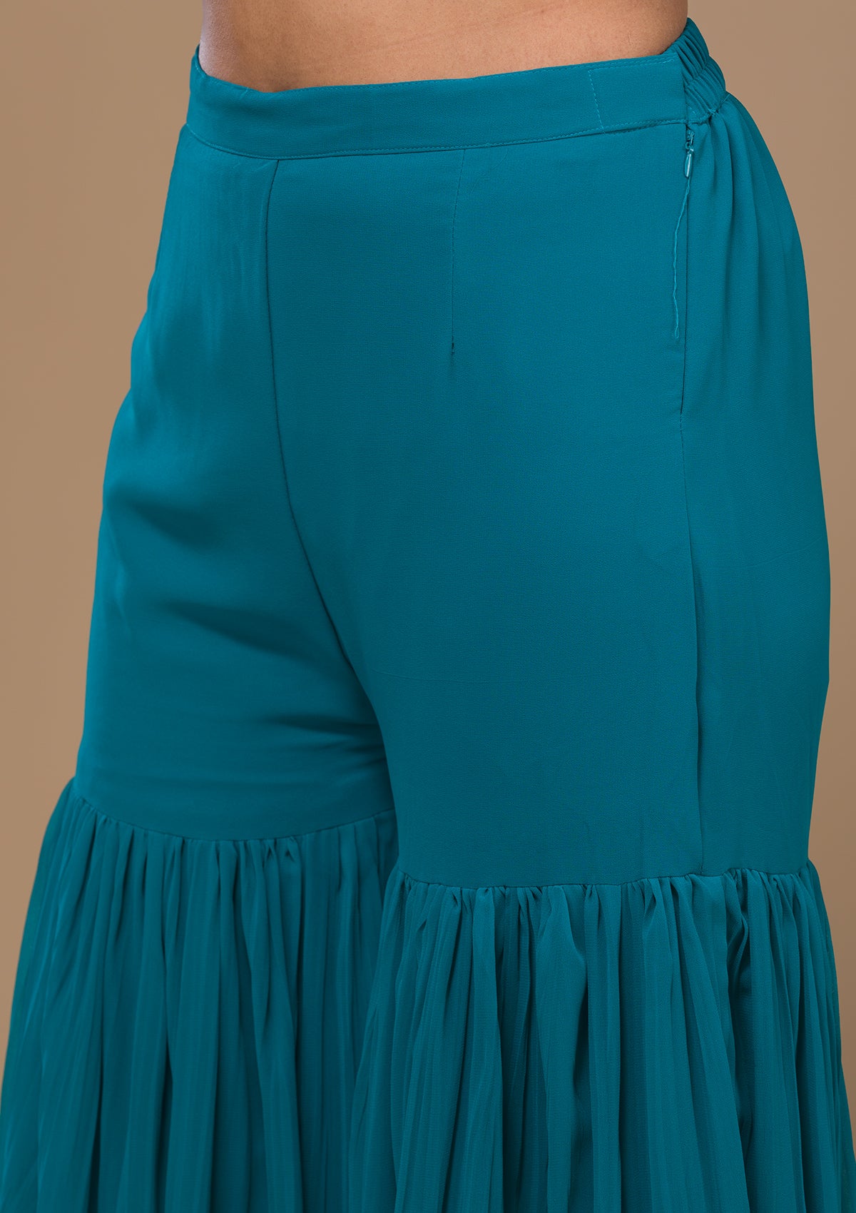 Turquoise Blue Threadwork Georgette Readymade Salwar Suit-Koskii