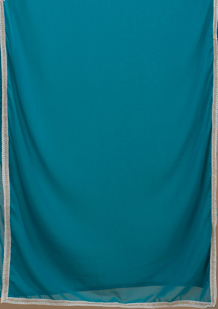 Turquoise Blue Threadwork Georgette Readymade Salwar Suit-Koskii