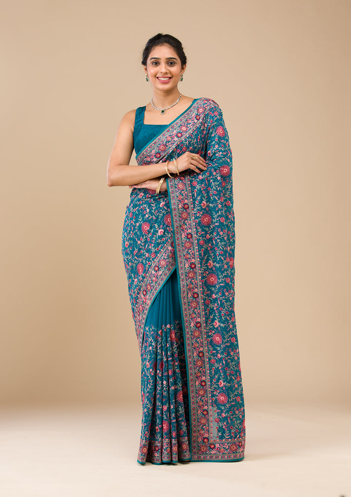 Turquoise Blue Threadwork Georgette Saree