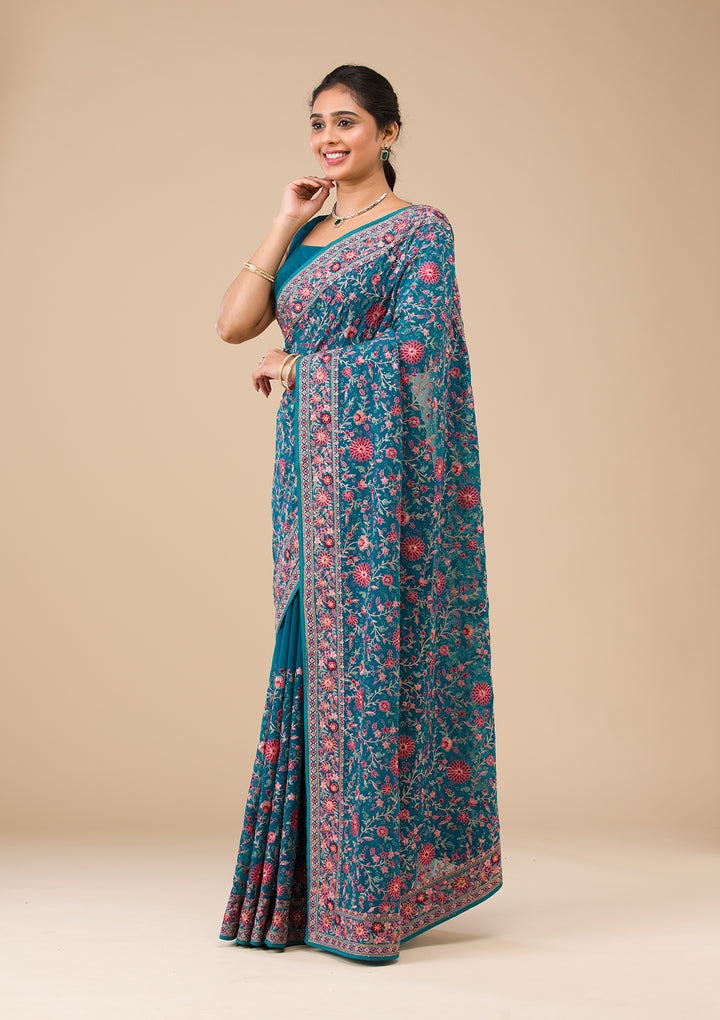 Turquoise Blue Threadwork Georgette Saree