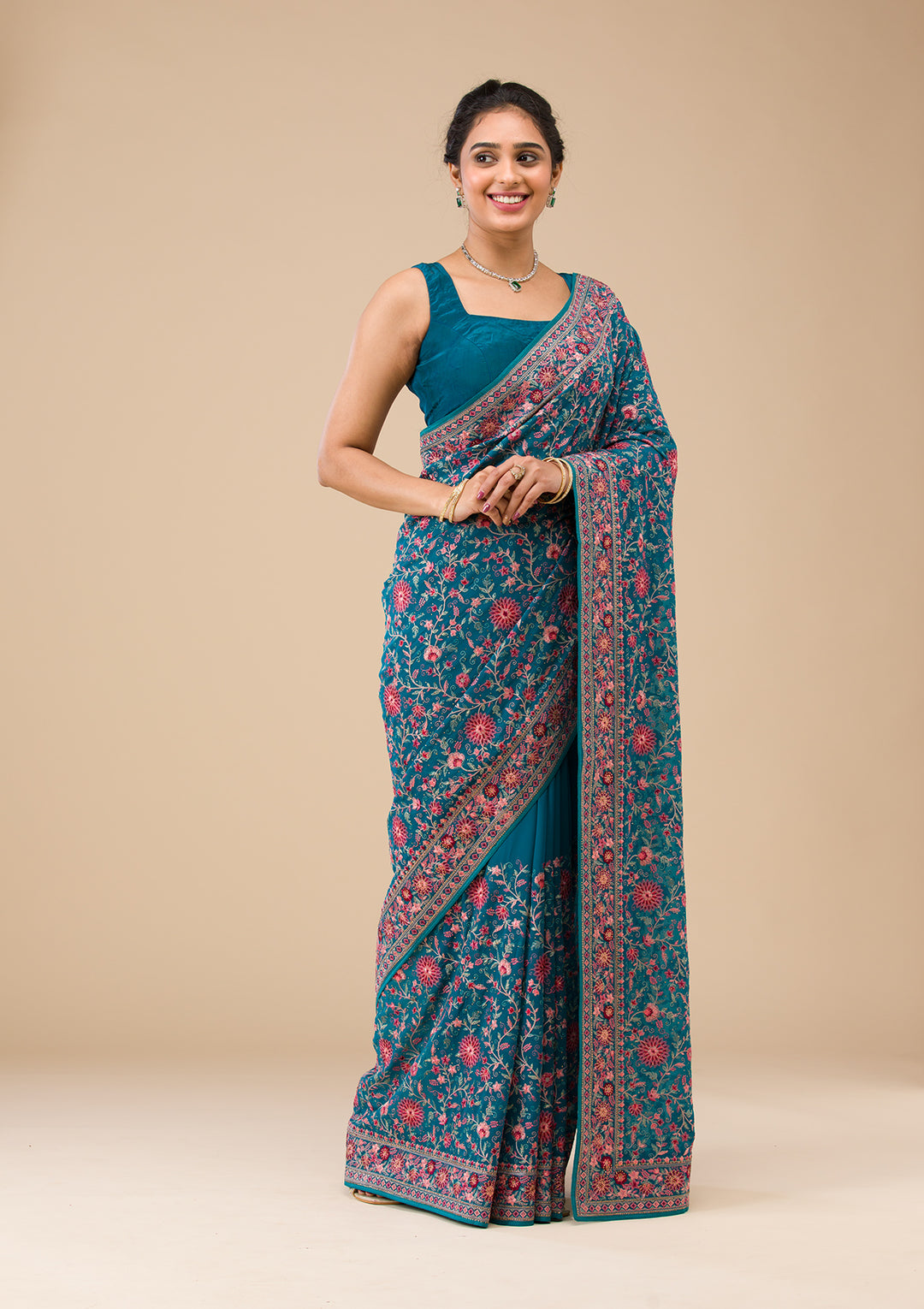 Turquoise Blue Threadwork Georgette Saree