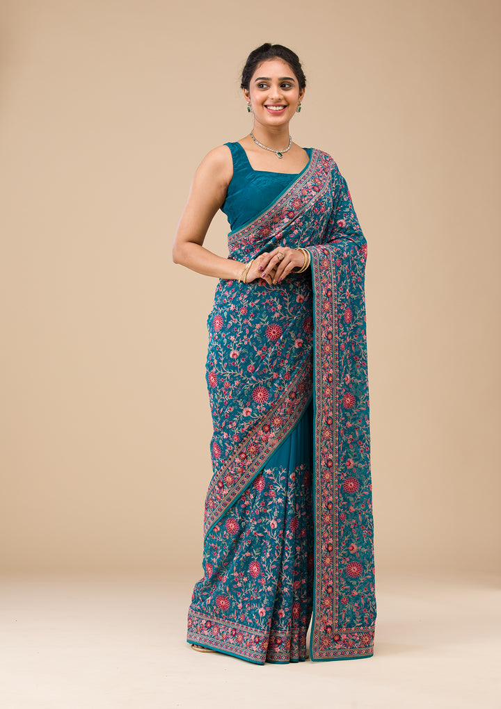 Turquoise Blue Threadwork Georgette Saree