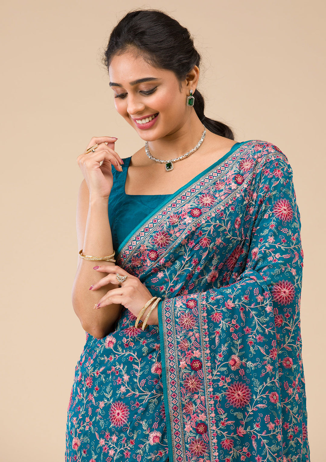 Turquoise Blue Threadwork Georgette Saree