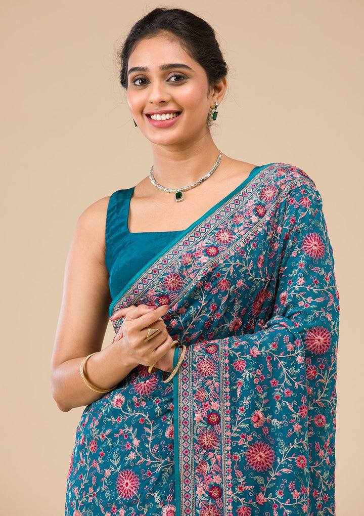 Turquoise Blue Threadwork Georgette Saree