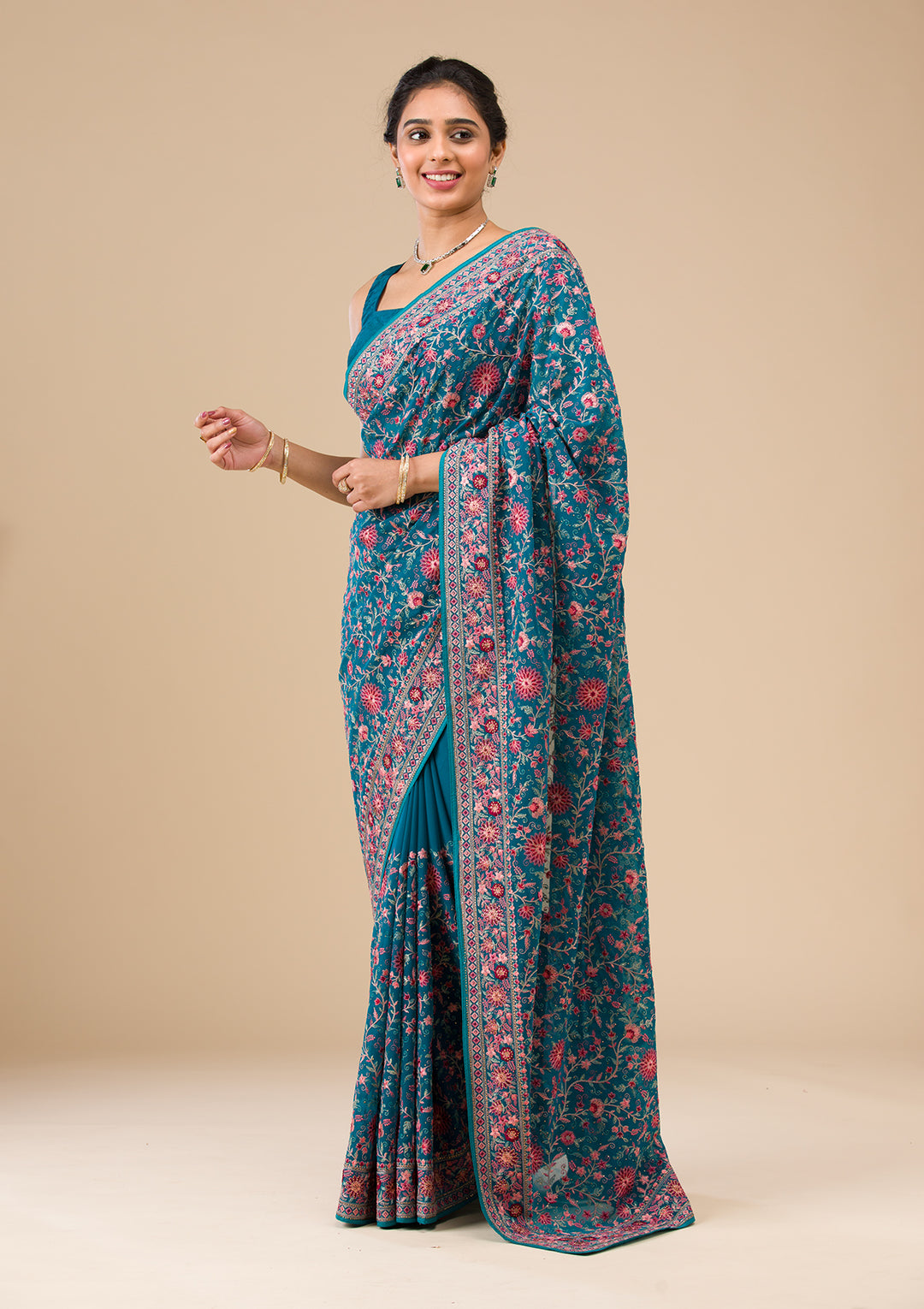 Turquoise Blue Threadwork Georgette Saree