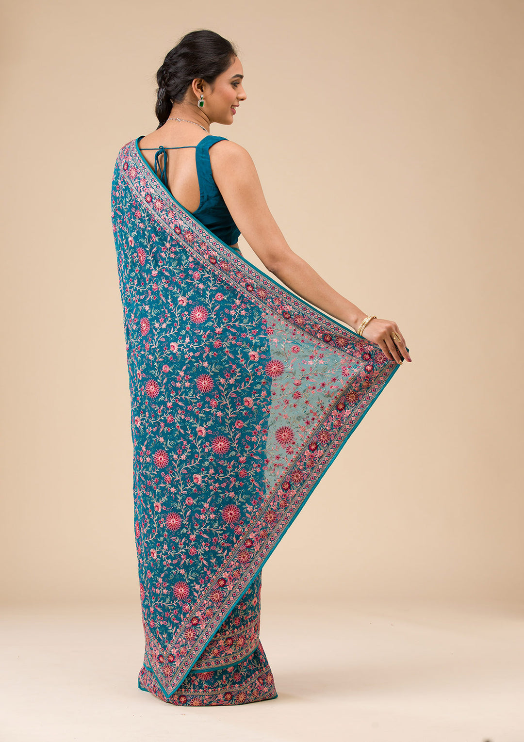 Turquoise Blue Threadwork Georgette Saree