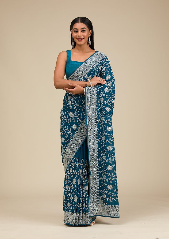 Turquoise Blue Threadwork Georgette Saree