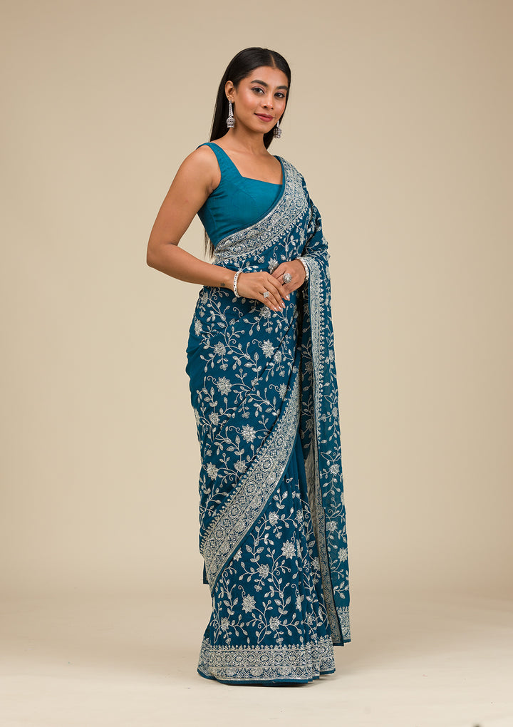 Turquoise Blue Threadwork Georgette Saree