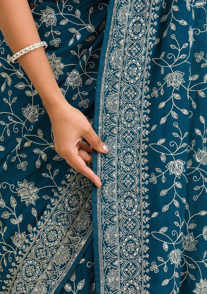 Turquoise Blue Threadwork Georgette Saree
