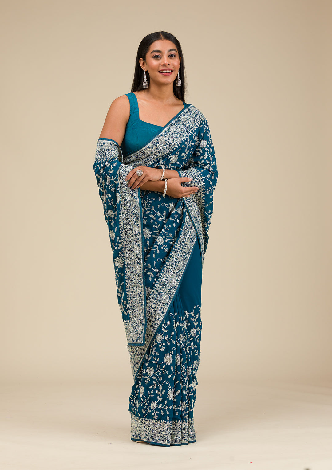 Turquoise Blue Threadwork Georgette Saree