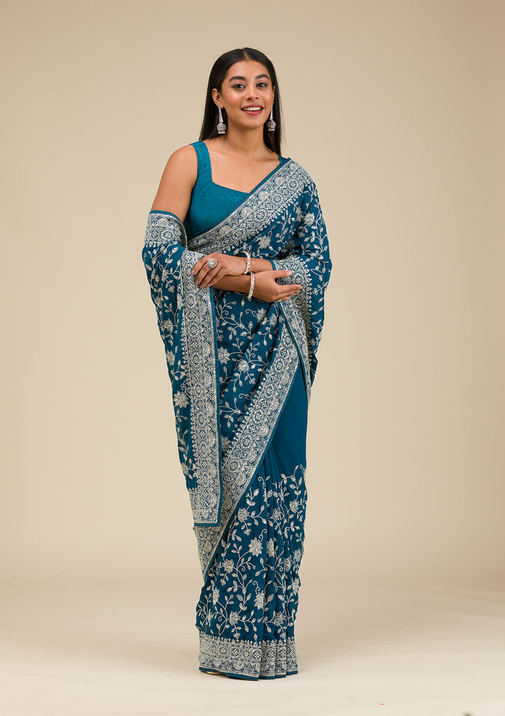 Turquoise Blue Threadwork Georgette Saree