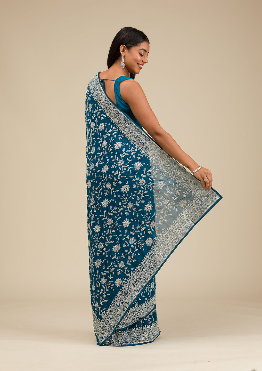 Turquoise Blue Threadwork Georgette Saree
