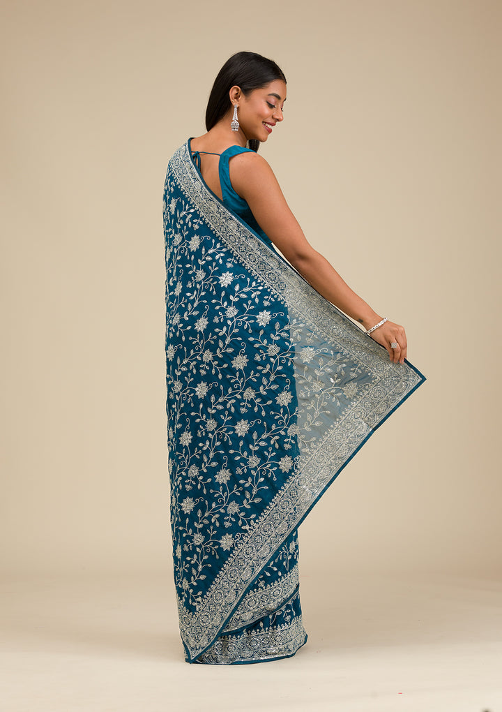 Turquoise Blue Threadwork Georgette Saree