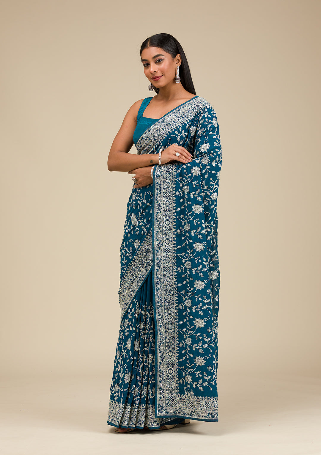 Turquoise Blue Threadwork Georgette Saree