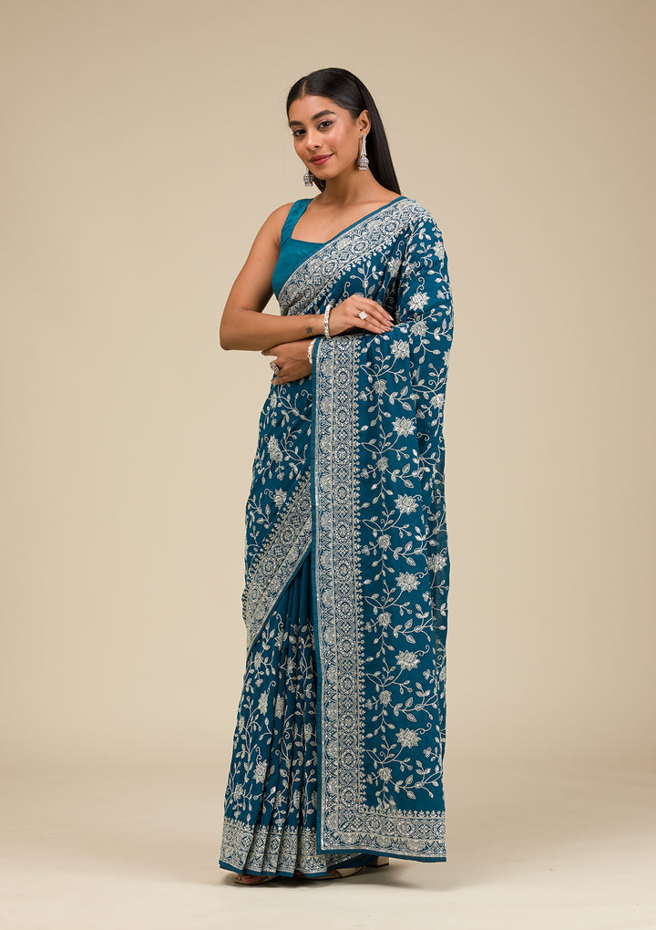 Turquoise Blue Threadwork Georgette Saree