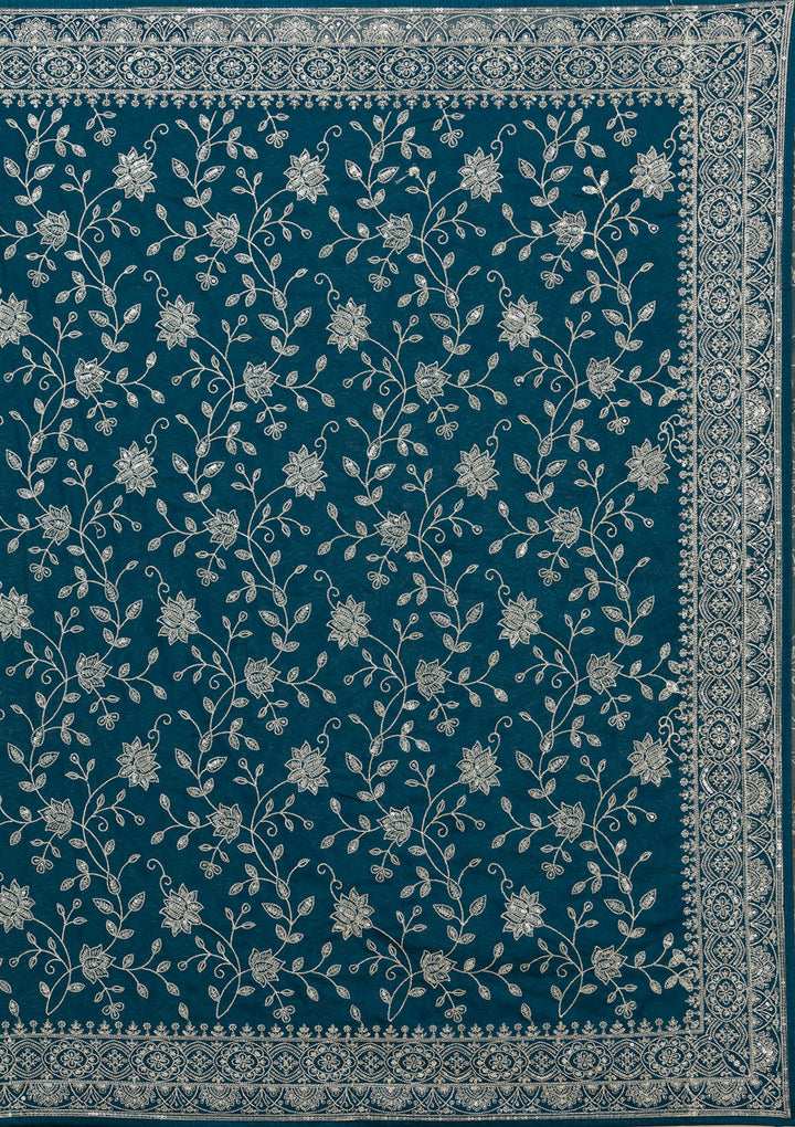 Turquoise Blue Threadwork Georgette Saree