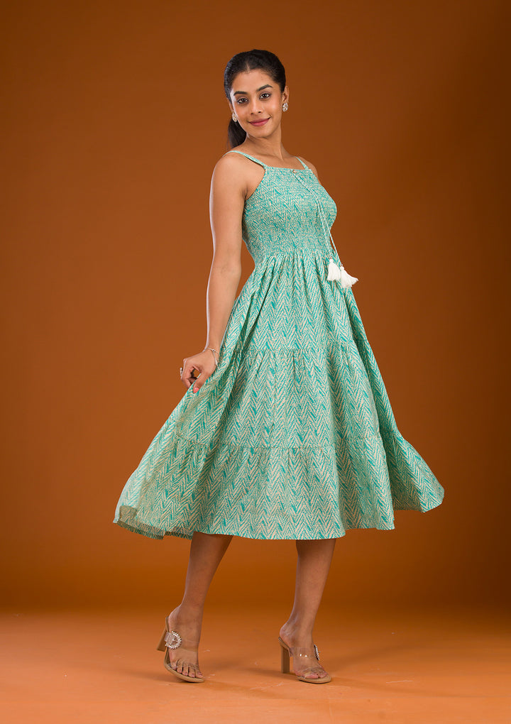 Turquoise Blue Threadwork Semi Crepe Readymade Salwar Suit
