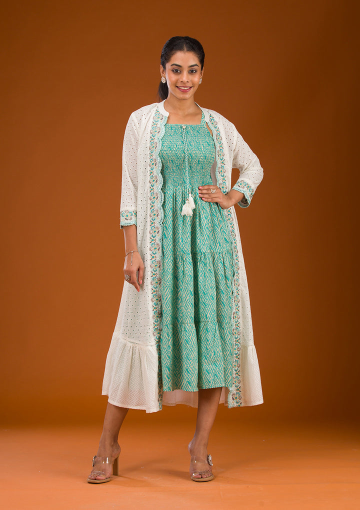 Turquoise Blue Threadwork Semi Crepe Readymade Salwar Suit