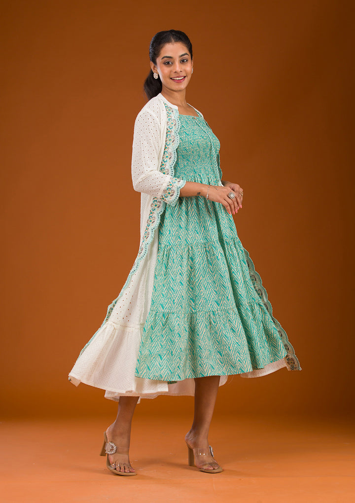 Turquoise Blue Threadwork Semi Crepe Readymade Salwar Suit