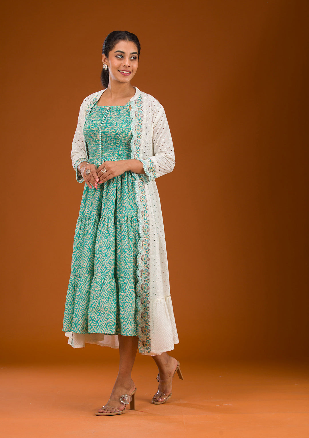 Turquoise Blue Threadwork Semi Crepe Readymade Salwar Suit