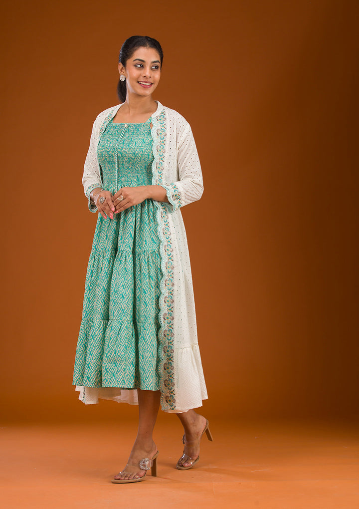 Turquoise Blue Threadwork Semi Crepe Readymade Salwar Suit