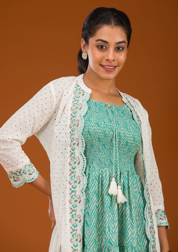 Turquoise Blue Threadwork Semi Crepe Readymade Salwar Suit