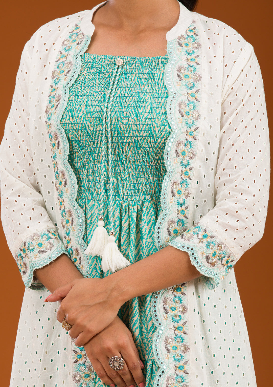Turquoise Blue Threadwork Semi Crepe Readymade Salwar Suit