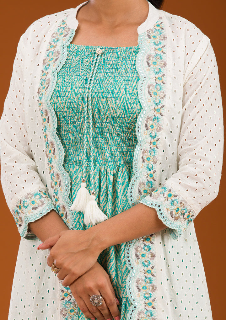 Turquoise Blue Threadwork Semi Crepe Readymade Salwar Suit