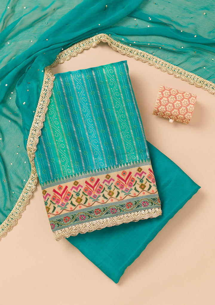 Turquoise Blue Threadwork Semi Crepe Unstitched Salwar Suit