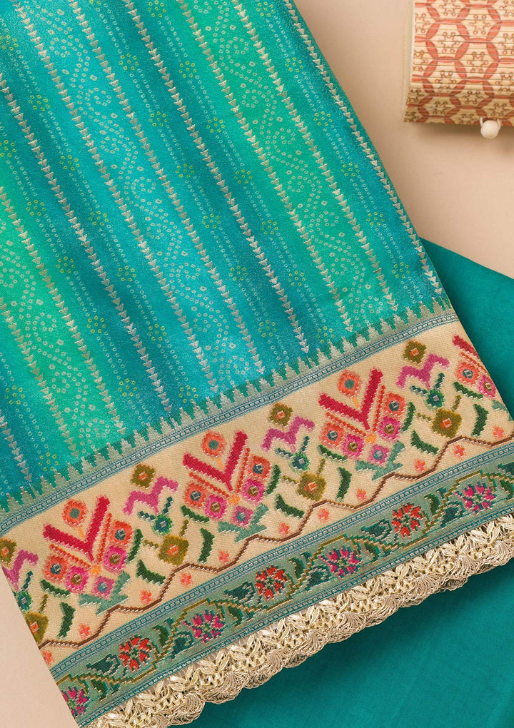 Turquoise Blue Threadwork Semi Crepe Unstitched Salwar Suit