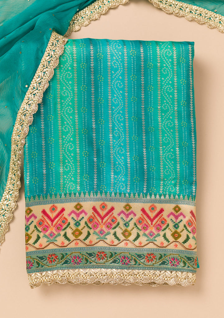 Turquoise Blue Threadwork Semi Crepe Unstitched Salwar Suit