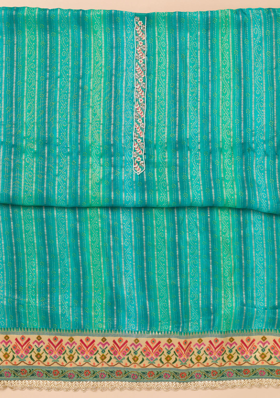 Turquoise Blue Threadwork Semi Crepe Unstitched Salwar Suit